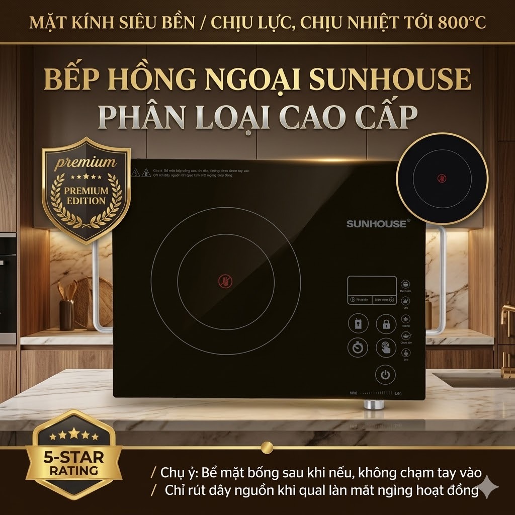 Bếp Hồng Ngoại Sunhouse SHD6017 Cảm Ứng Chống Trầy, Chịu Nhiệt 800°C, Phù Hợp Mọi Loại Nồi