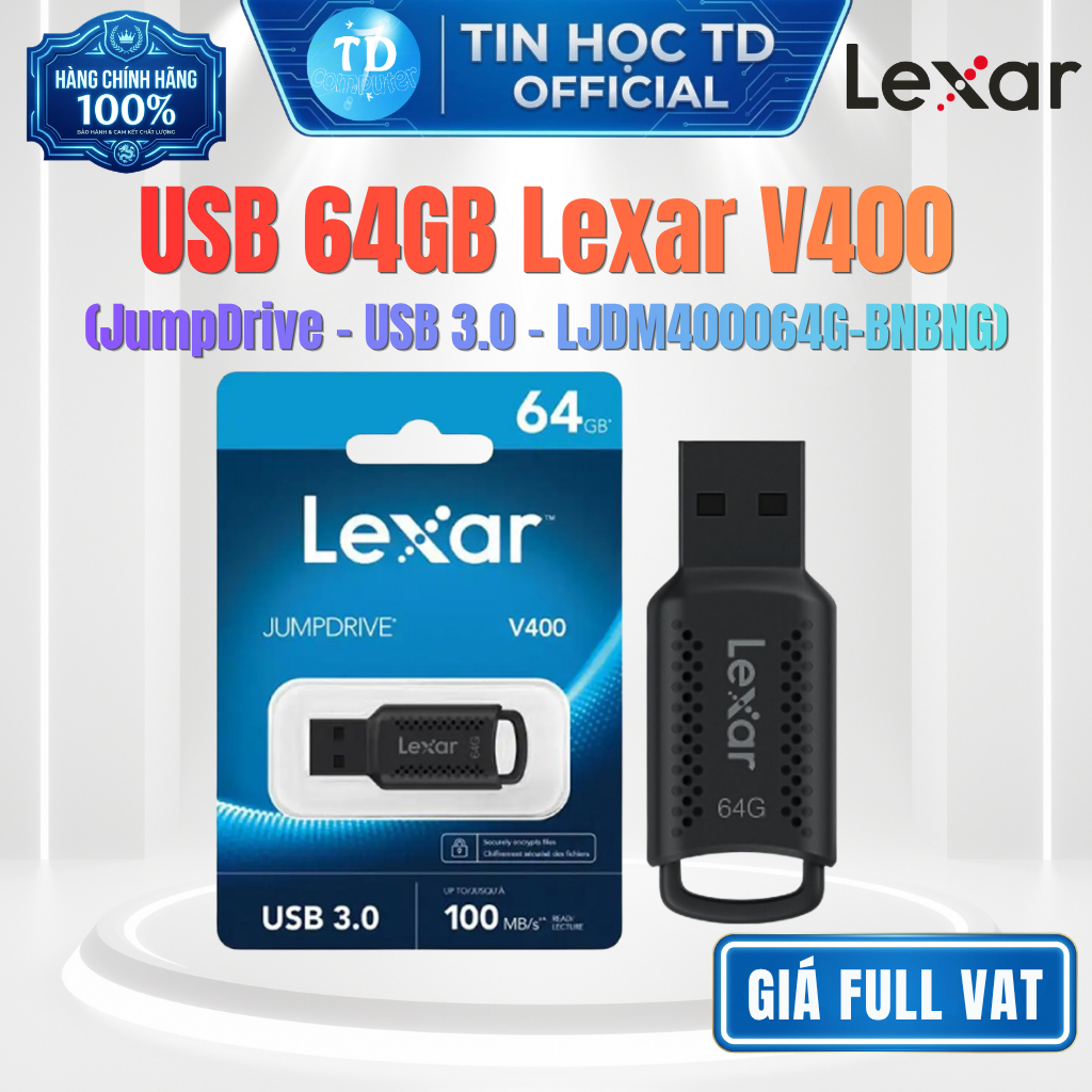 USB 64GB Lexar JumpDrive V400 (LJDM400064G-BNBNG) – USB 3.0, nhỏ gọn, tốc độ ổn định - Chính hãng DG