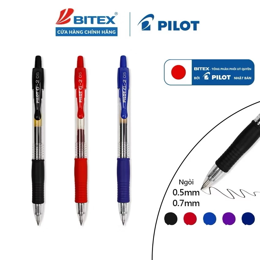 Bút gel PILOT G2 nét 0.5mm/ 0.7mm mực đỏ, xanh, đen, tím
