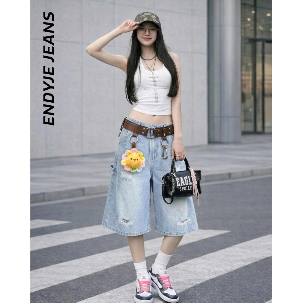 Quần jeans lửng nữ ống rộng lưng cao cào rách, quần bò unisex phong cách thời trang năng động ED19 | BigBuy360 - bigbuy360.vn