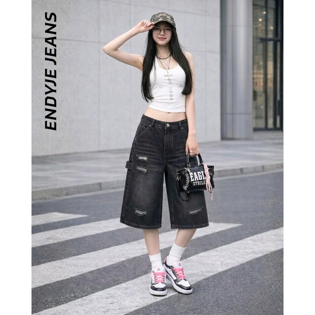 Quần jeans lửng nữ ống rộng lưng cao cào rách, quần bò unisex phong cách thời trang năng động ED19 | BigBuy360 - bigbuy360.vn