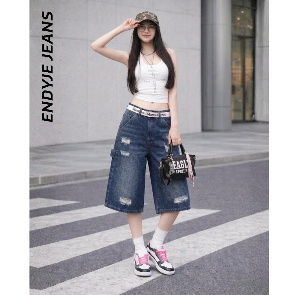 Quần jeans lửng nữ ống rộng lưng cao cào rách, quần bò unisex phong cách thời trang năng động ED19 | BigBuy360 - bigbuy360.vn
