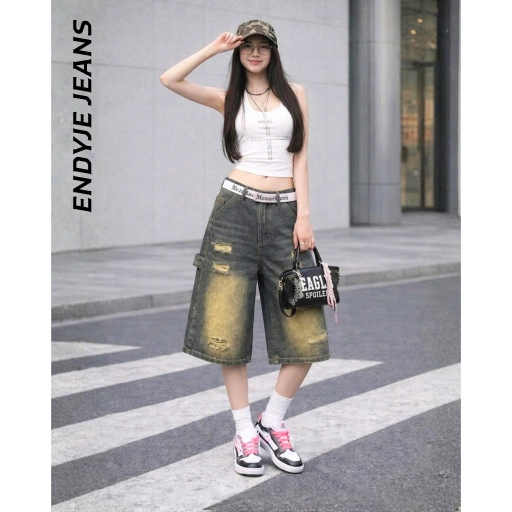 Quần jeans lửng nữ ống rộng lưng cao cào rách, quần bò unisex phong cách thời trang năng động ED19 | BigBuy360 - bigbuy360.vn
