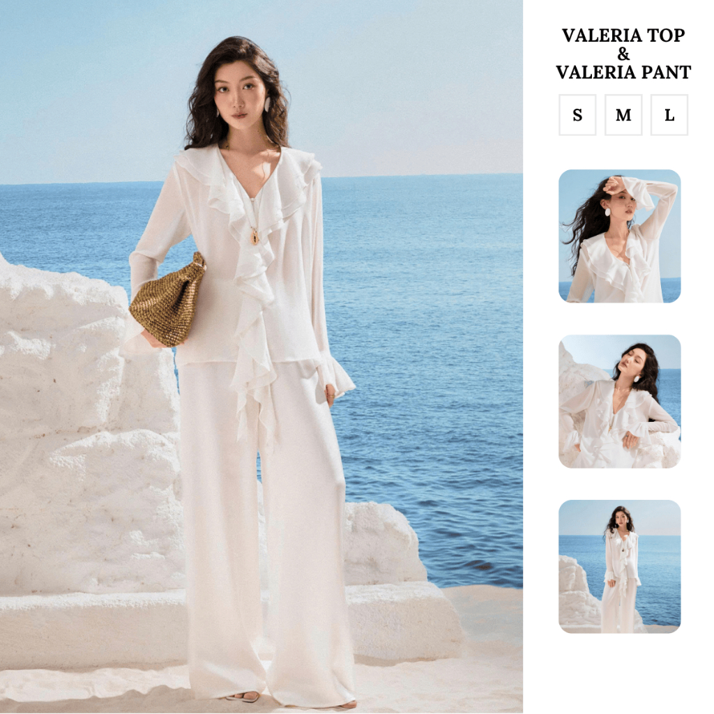 Áo voan bèo nhún phối quần lụa suông VALERIA TOP & VALERIA PANT by LAVIEM