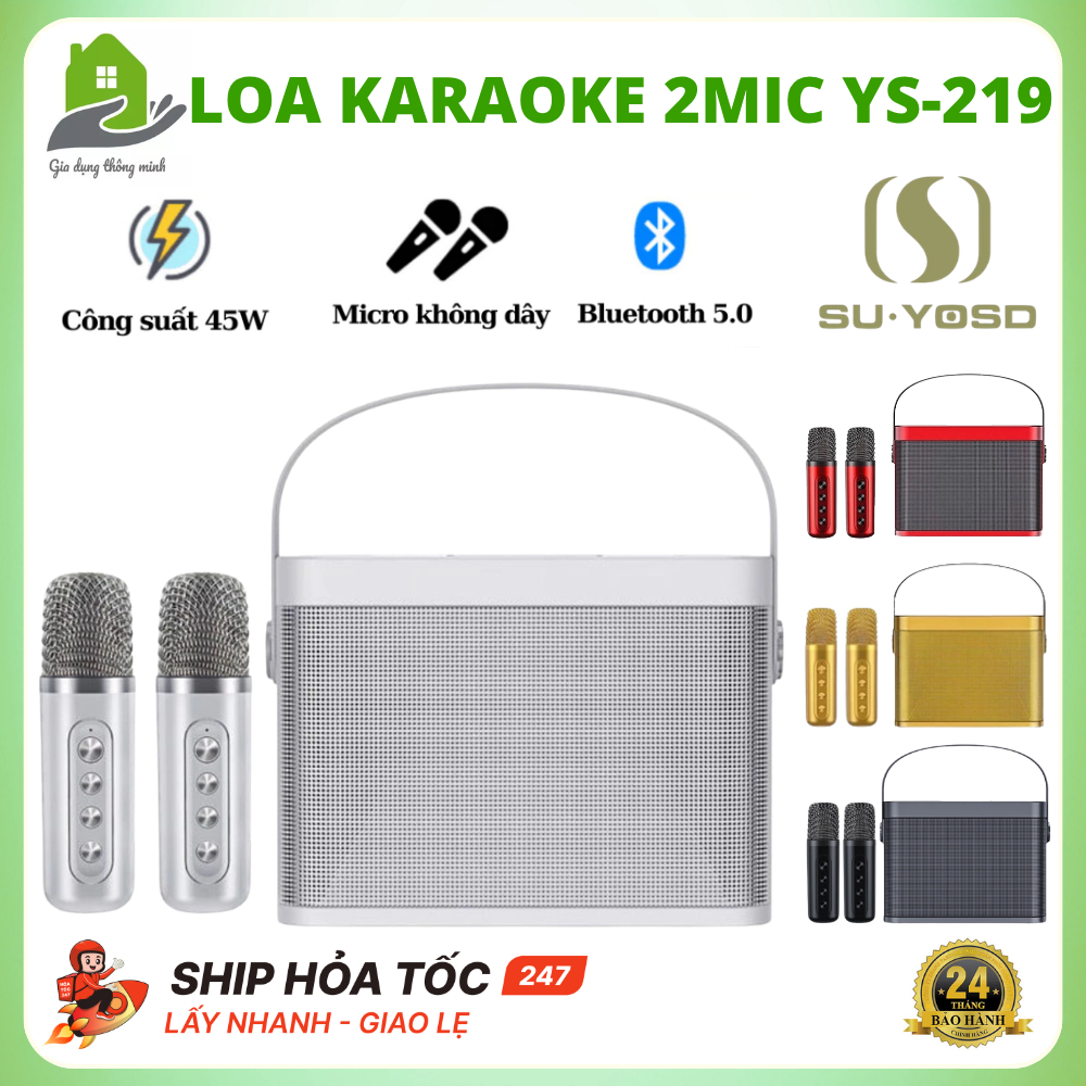 Loa Karaoke Bluetooth Kèm 2 Mic YS-219 Công Suất 45W, Thiết Kế Đẹp, Bass Cực Mạnh, Bảo Hành 2 Năm