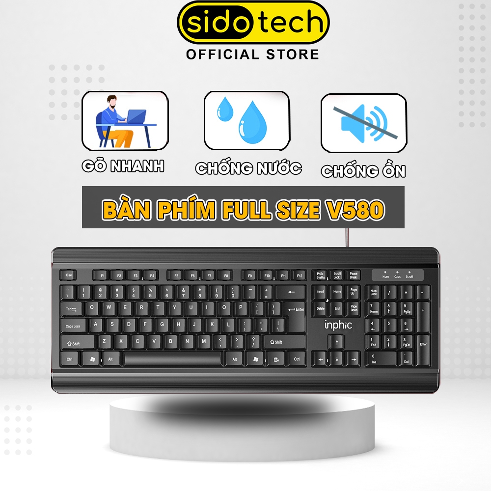 Bàn phím máy tính có dây full size SIDOTECH INPHIC V580 văn phòng 104 phím chống ồn giả cơ gaming