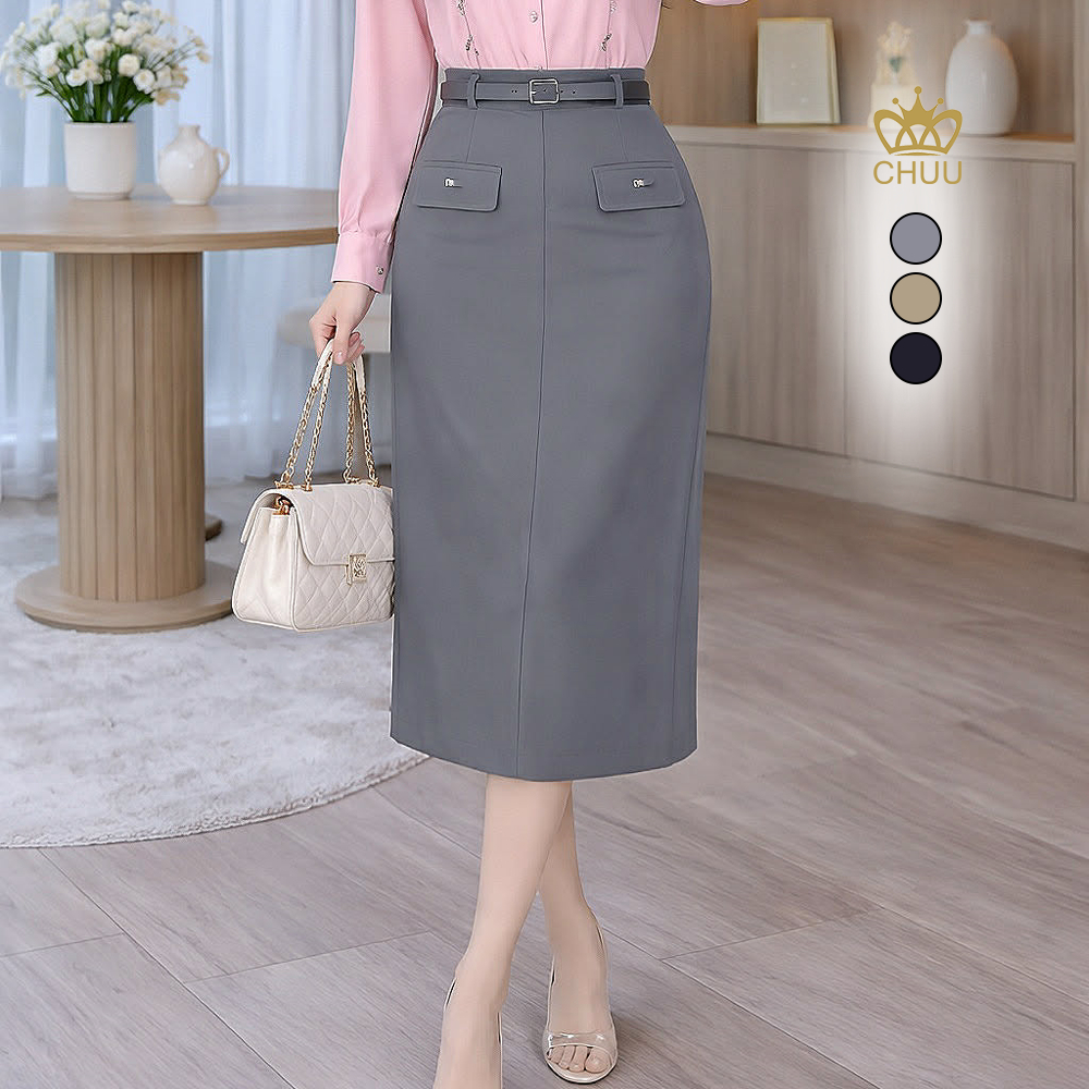 High-Waist A-Line Straight Midi Skirt with Pearl Letter Tag Faux Pockets 73cm CHUU CV9001.1067