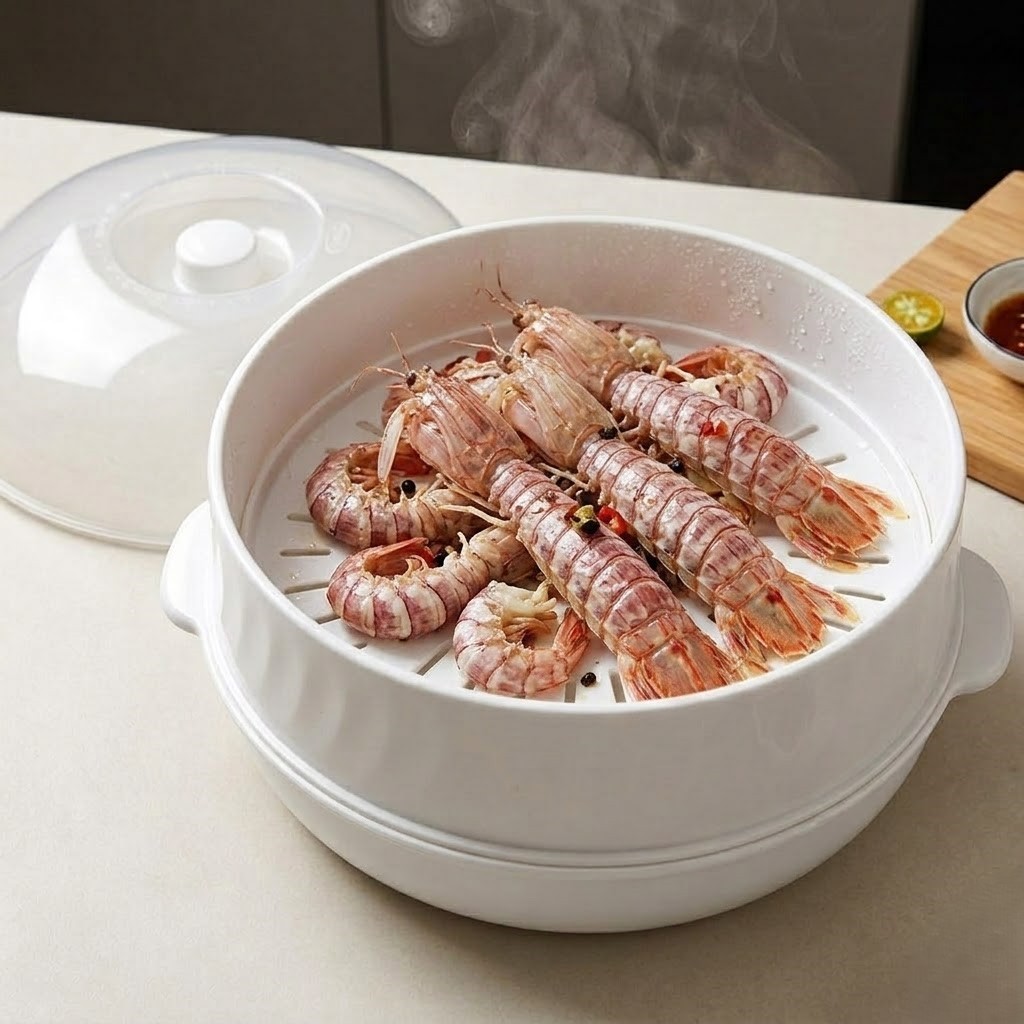 Dụng cụ hấp rau củ, hải sản chuyên dụng cho lò vi sóng, khay hấp nhựa 2 tầng tiện lợi HAKI DN600