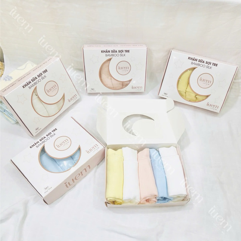 Hộp 5 khăn sữa sợi tre IUEM 4 lớp cho bé kích thước 30x30cm, mềm mịn, không bụi vải Mẹ Chin