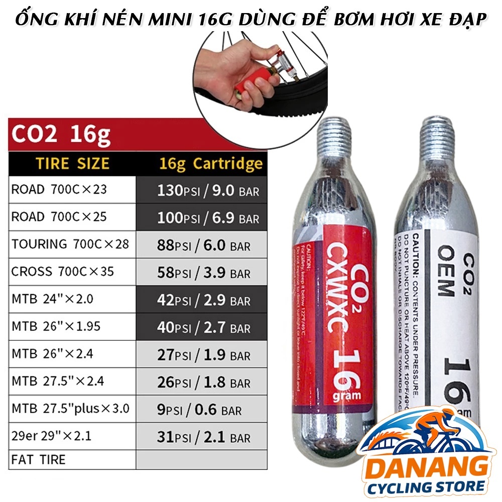 Ống Khí CO2 Mini 16G Bơm Xe Đạp Nhanh Chóng – Bình CO2 16g Bơm Lốp Xe Đạp Road MTB Tiện Lợi