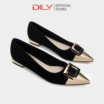 Giày búp bê DILY mũi nhọn phối da đính khóa sang trọng, gót cao 2cm DL0635