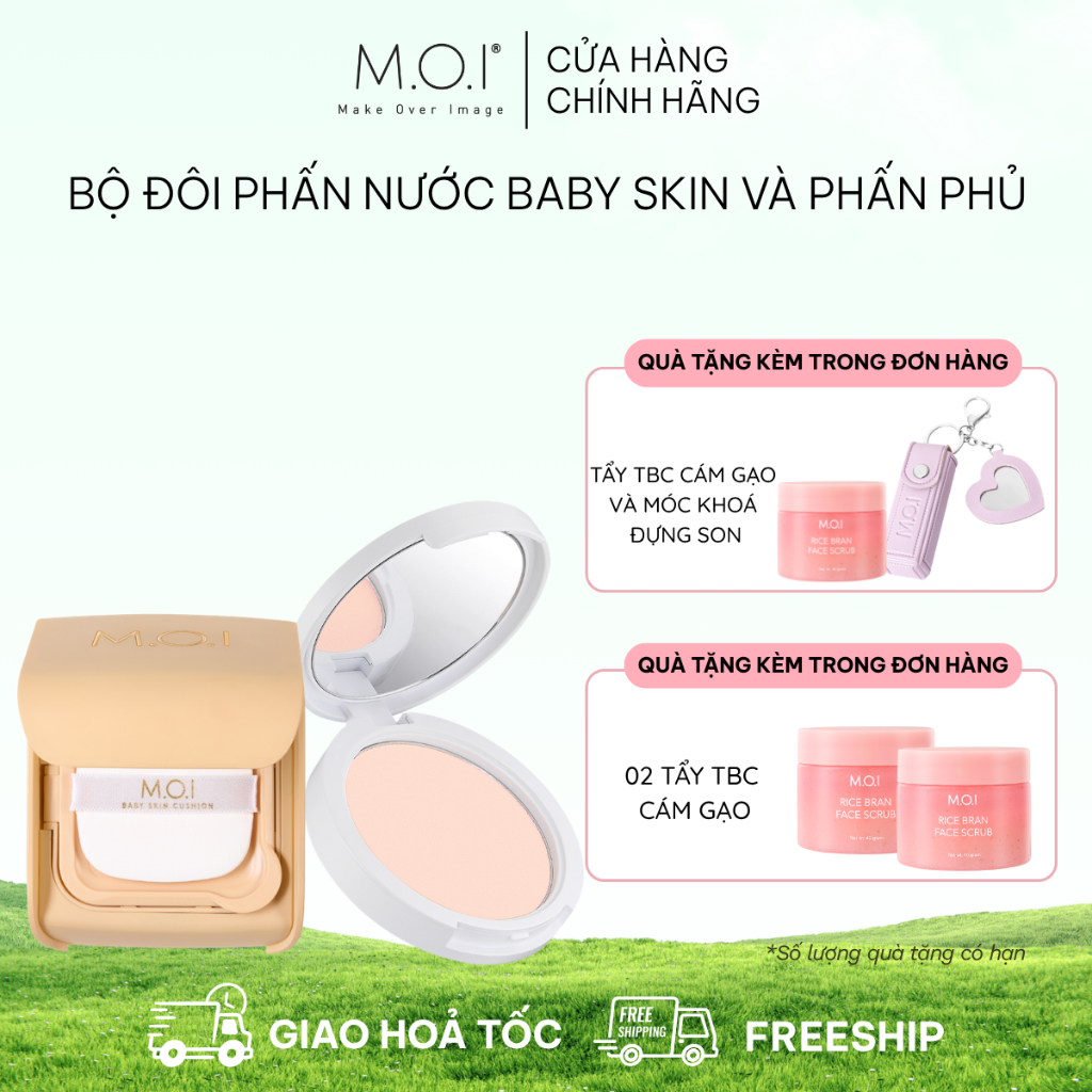 (TẶNG KÈM QUÀ) Combo phấn nước M.O.I Baby Skin Cushion 12g và phấn phủ kiềm dầu M.O.I Baby Skin Powd