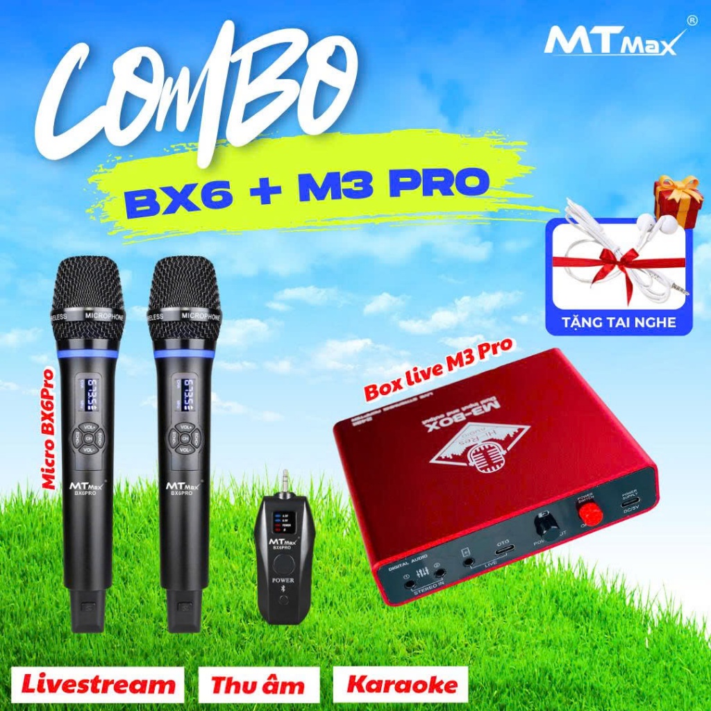 Combo Micro Không Dây MTMAX BX6 Pro + Soundcard M3 Pro Livestream Karaoke , Tặng Tai Nghe