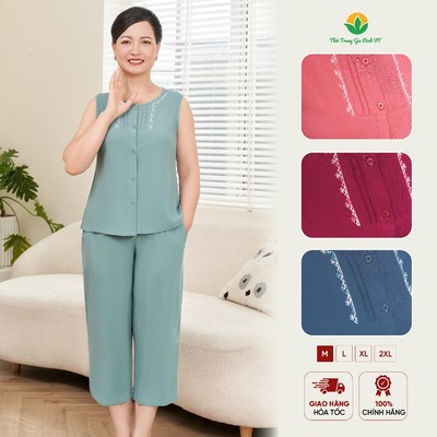 Đồ bộ lanh trung niên nữ mặc nhà mùa hè Việt Thắng quần lửng áo sát nách mở khuy thoáng mát B25.5089