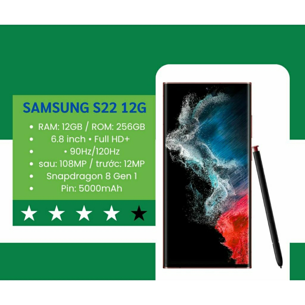 Điện thoại thông minh Samsung Galaxy S22 Ultra 12/128GB, 12/256GB hoặc 12/512GB. Hàng cũ bảo hành 12