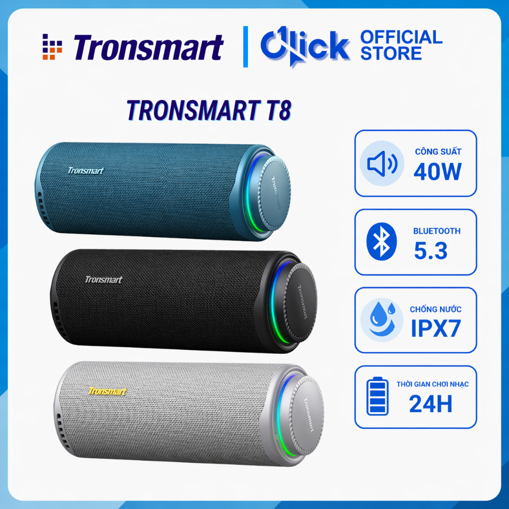 Loa Bluetooth Tronsmart T8 & T8mini, 40W, BLE 5.3, LED RGB, chống nước IPX7, tùy chỉnh EQ, pin 18h n