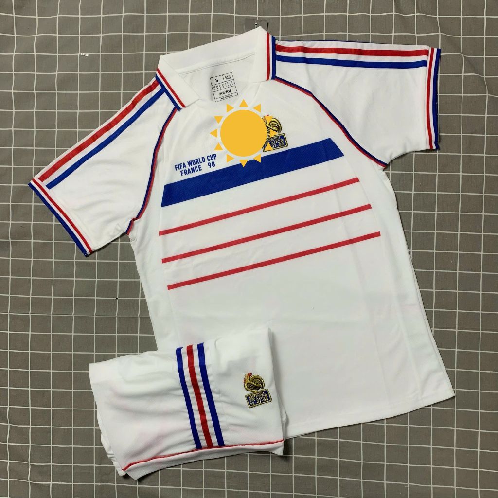 Bộ Quần Áo Bóng Đá pháp 1998, Áo Đá Banh pháp trắng retro in Zidane 1998 - Chuẩn Mẫu Thi Đấu - Vải P