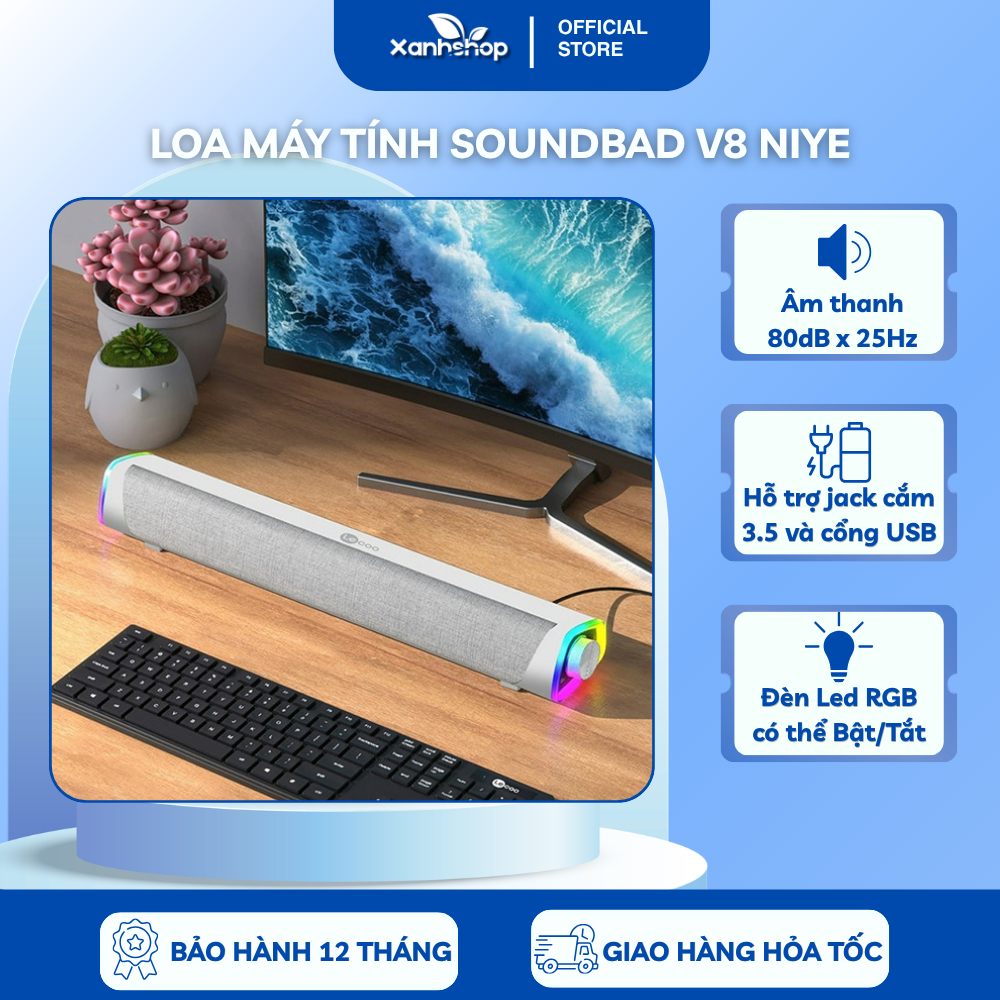 Loa Máy Tính Soundbar V8 NIYE, Âm Thanh HIFI Sống Động, LED RGB Đổi Màu, Màng Vải Cao Cấp, Dùng Cho 