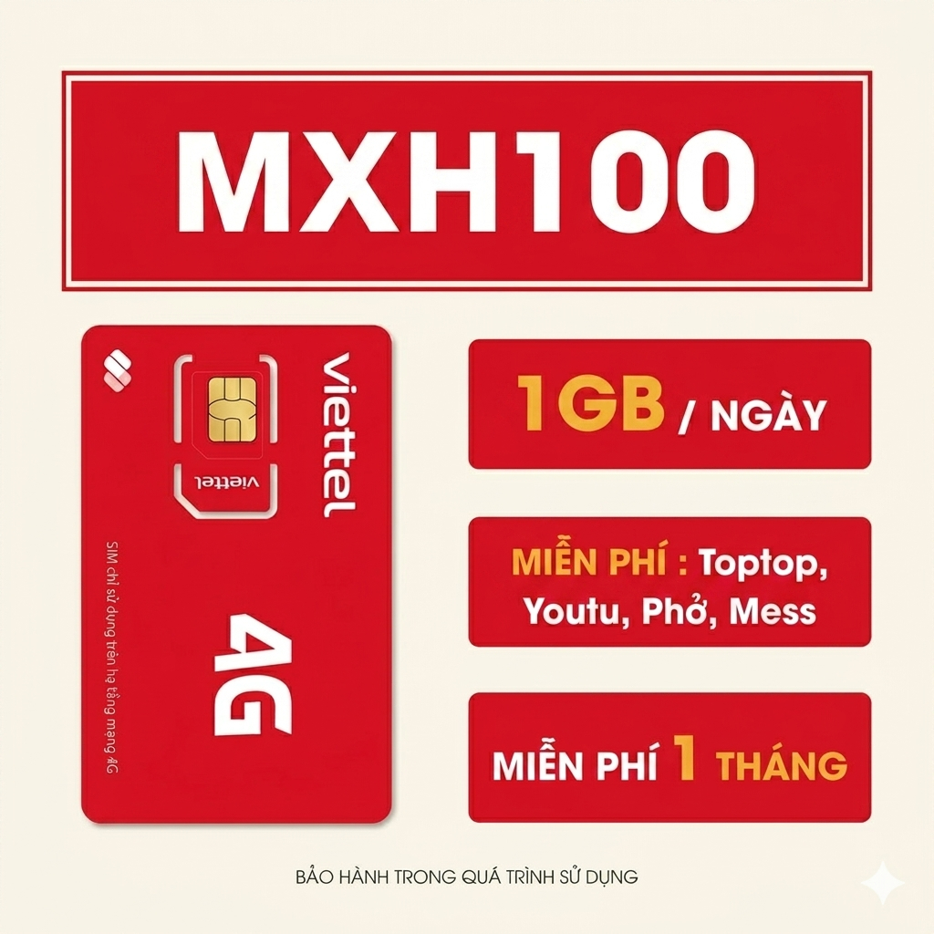 Sim Viettel Tỷ GB – MXH100 – Dung lượng 1GB/ngày, free data Face, Tóp, You, gia hạn 100k/tháng