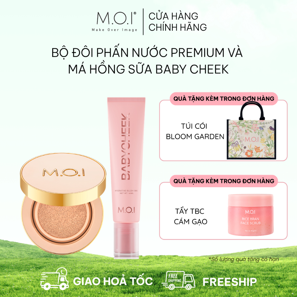 (TẶNG KÈM QUÀ) Combo phấn nước M.O.I Premium Baby Skin Cushion 12g và má hồng sữa M.O.I Baby Cheek 1