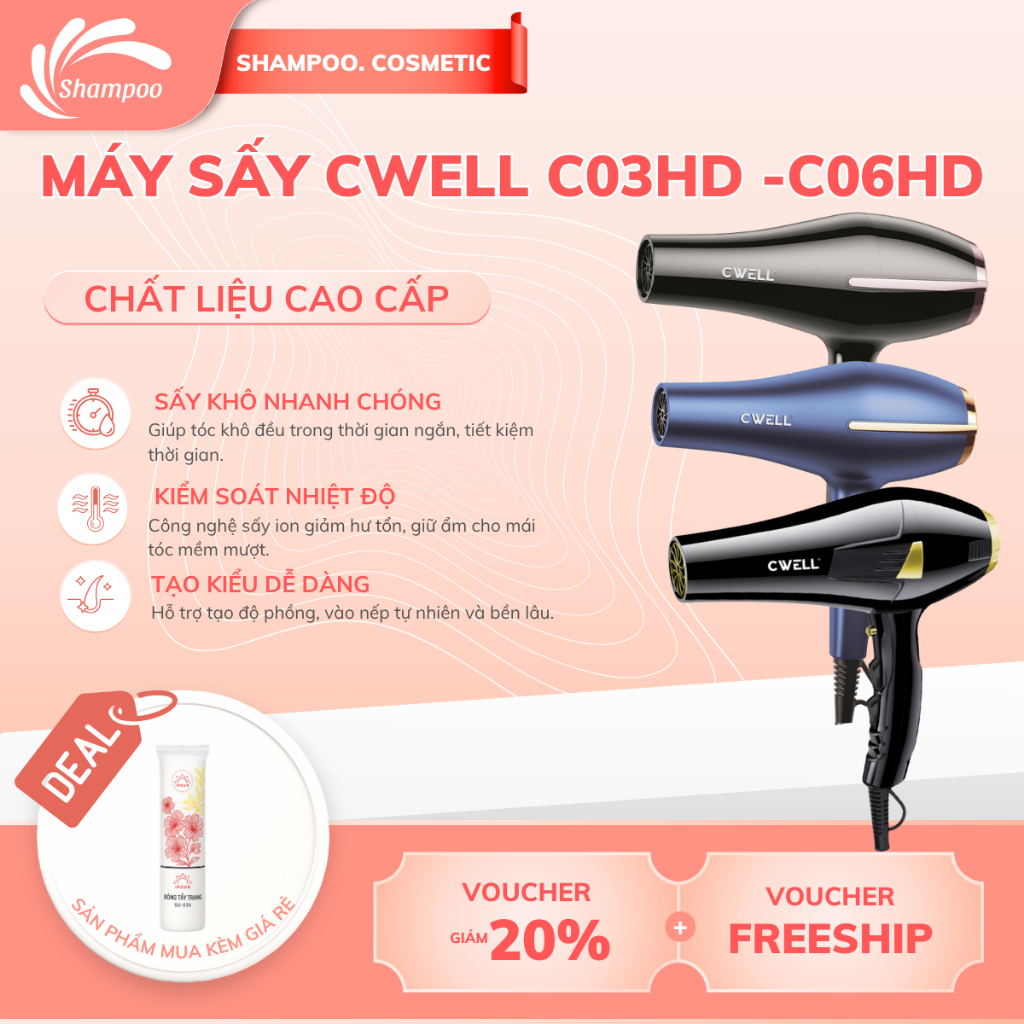 LOA SẤY TÓC XOĂN,LOA GẮN VÀO Máy sấy tóc Cwell model C03HD - C06HD 2 chiều nóng lạnh bảo hành 12 thá