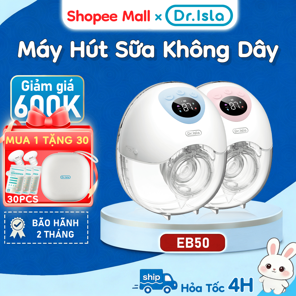 Máy hút sữa không dây Dr.isla EB50  kèm túi đựng du lịch tiện dụng 4 chế độ 36 mức độ, kích thước 19mm 24mm 27mm