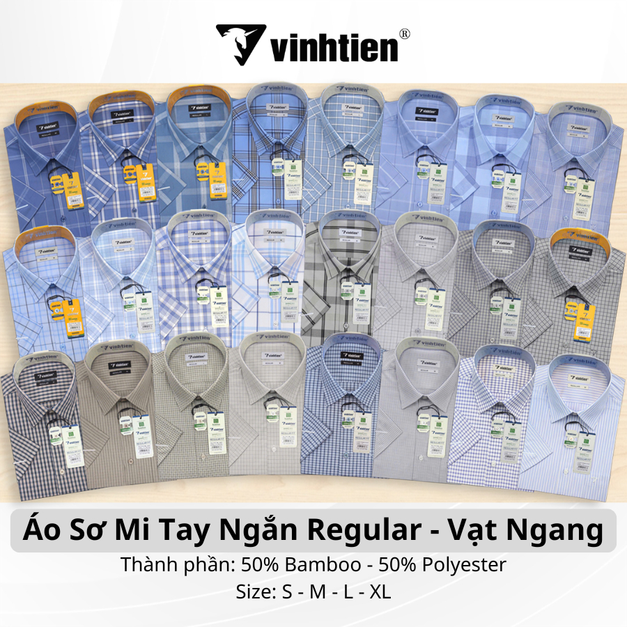 Áo Sơ Mi Nam Ngắn Tay Vĩnh Tiến Dáng Suông Regular Vải Kẻ Bamboo 415