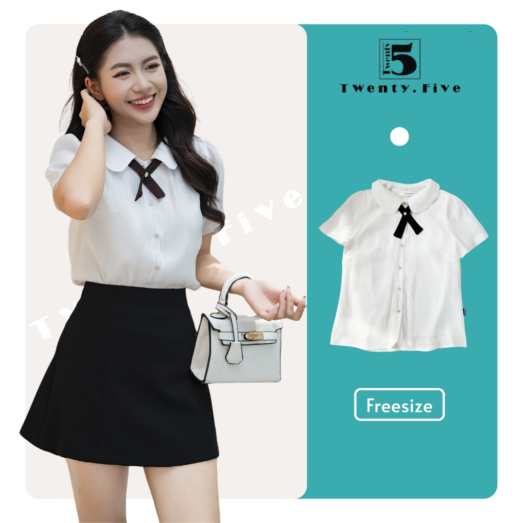 Áo sơ mi nữ cổ sen đính nơ tay ngắn phong cách tiểu thư điệu đà – AH128 Twentyfive Fashion