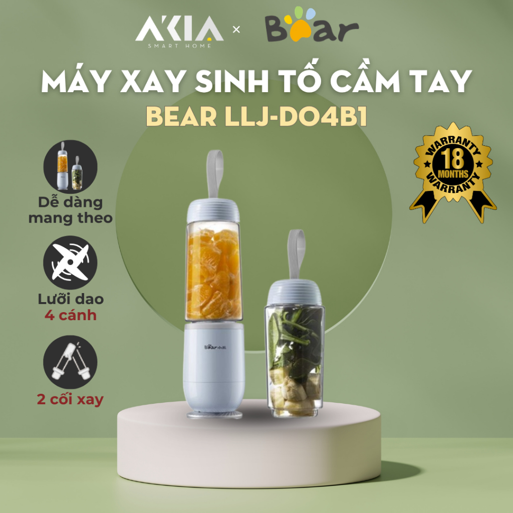 Máy xay sinh tố mini Bear LLJ-D04B1 màu xanh dương - Thiết kế hiện đại, nhỏ gọn - BH 18 tháng