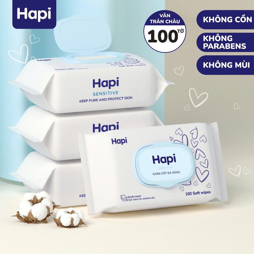 THÙNG 10 GÓI Khăn ướt Hapi 100 tờ không mùi không cồn không parabens cao cấp…