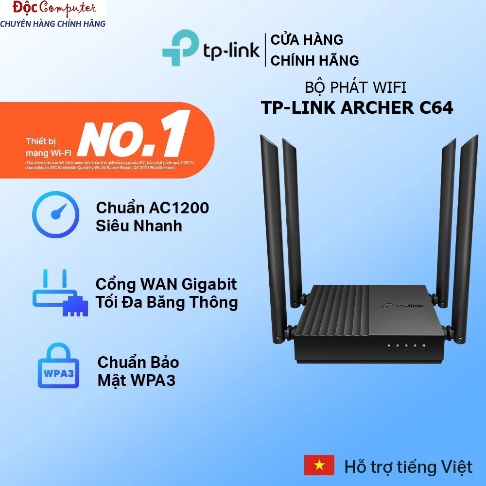 Bộ Phát Wifi TPLink Archer C64 Băng Tần Kép Chuẩn AC1200 Lan Gigabit - Bảo Hành 24 Tháng