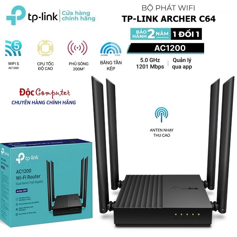 Bộ Phát Wifi TPLink Archer C64 Băng Tần Kép Chuẩn AC1200 Lan Gigabit ( New Full Box ) - Bảo Hành 24 
