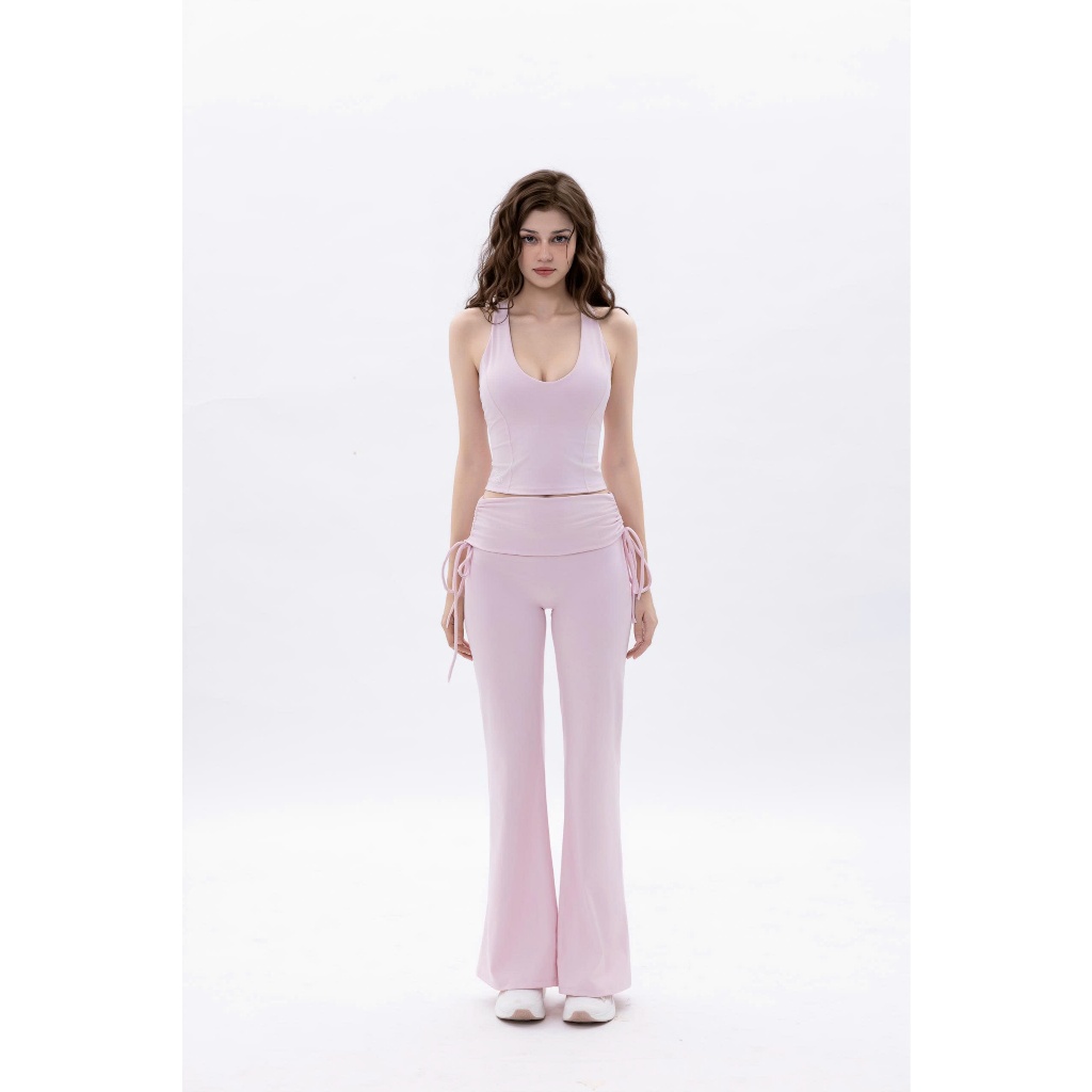 Bộ đồ tập yoga,pilates Ribbon Fit, Nancy Set màu hồng áo có đệm mút và quần ống loe, phù hợp tập gym