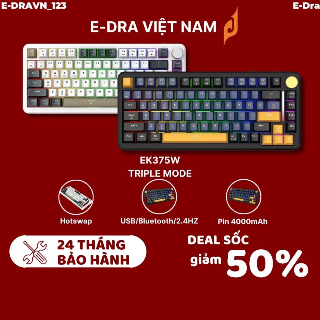 Bàn phím cơ gaming E-DRA EK375W hotswap, 3 mode. HÀNG CHÍNH HÃNG bảo hành 2 năm | BigBuy360 - bigbuy360.vn