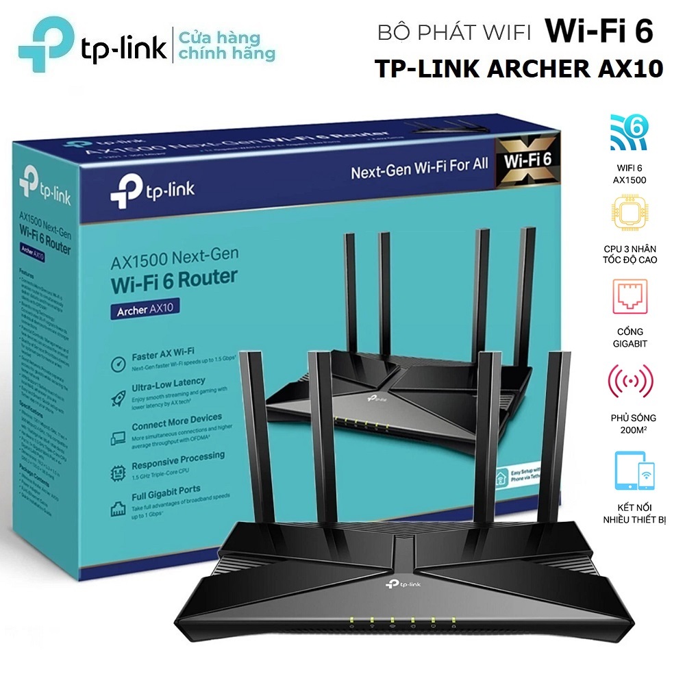 Bộ Phát Wifi 6 TPLink Archer AX10 Wifi 6 Gigabit Băng Tần Kép Chuẩn AX1500 - Bảo Hành Chính Hãng 24 