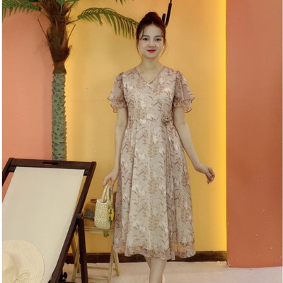 Đầm xòe trung niên cho mẹ - Cổ tim tay loe - Nâu hoa - TTV2060