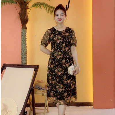 Đầm suông trung niên cho mẹ - Cổ tròn tay ngắn - Đen hoa cam - TTV2061