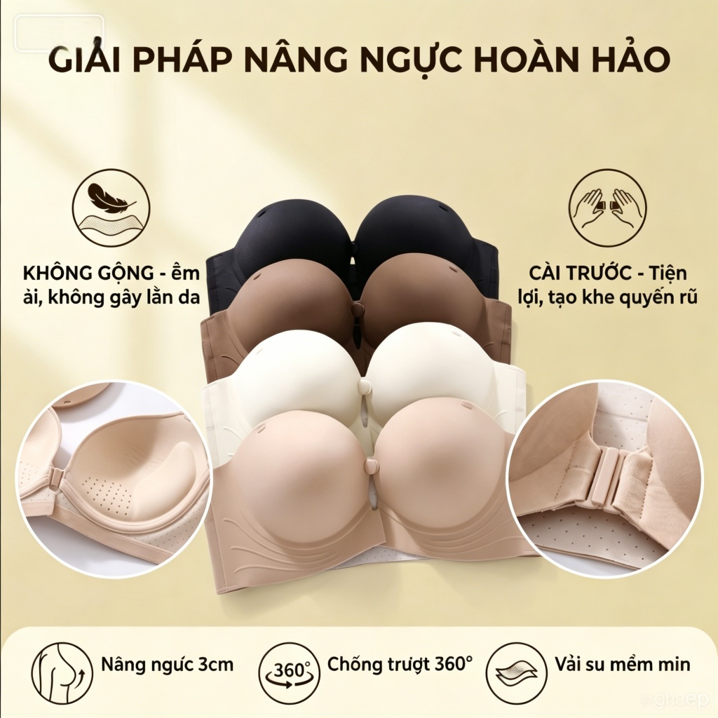 [Purity Wear] Combo 1/2/3 Áo Ngực Không Dây Cài Trước Đệm Dày 3cm Siêu Nâng Ngực Bản To Che Mỡ Thừa Kèm Dây Vai