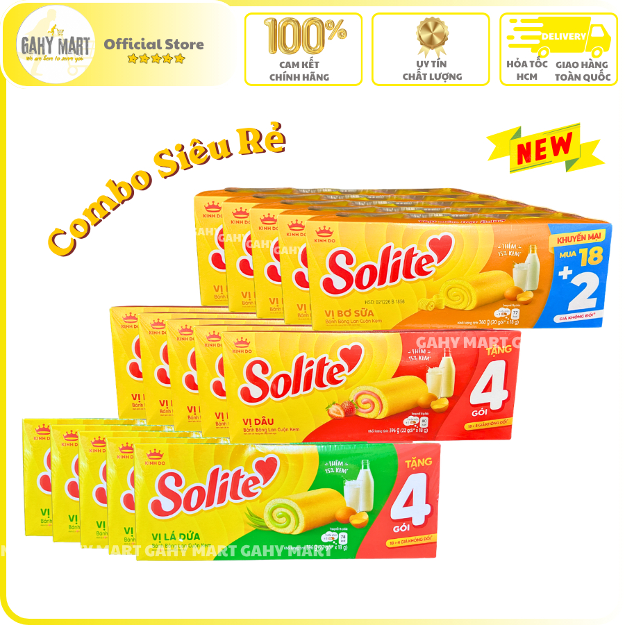 [COMBO 3/ 5 Khay] Bánh bông lan Cuộn Solite vị Lá Dứa/ Dâu/ Bơ sữa - Khay 18 gói ⚜️GAHY MART⚜️