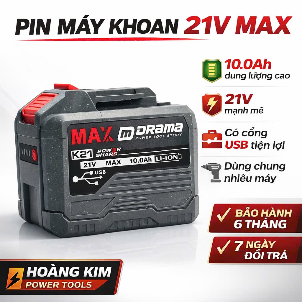Pin 20 Cell Drama 10Ah Mạch 4 Mosfet, Có Cổng Cắm USB - Chân Pin Phổ Thông, Có Đèn Led Báo Pin
