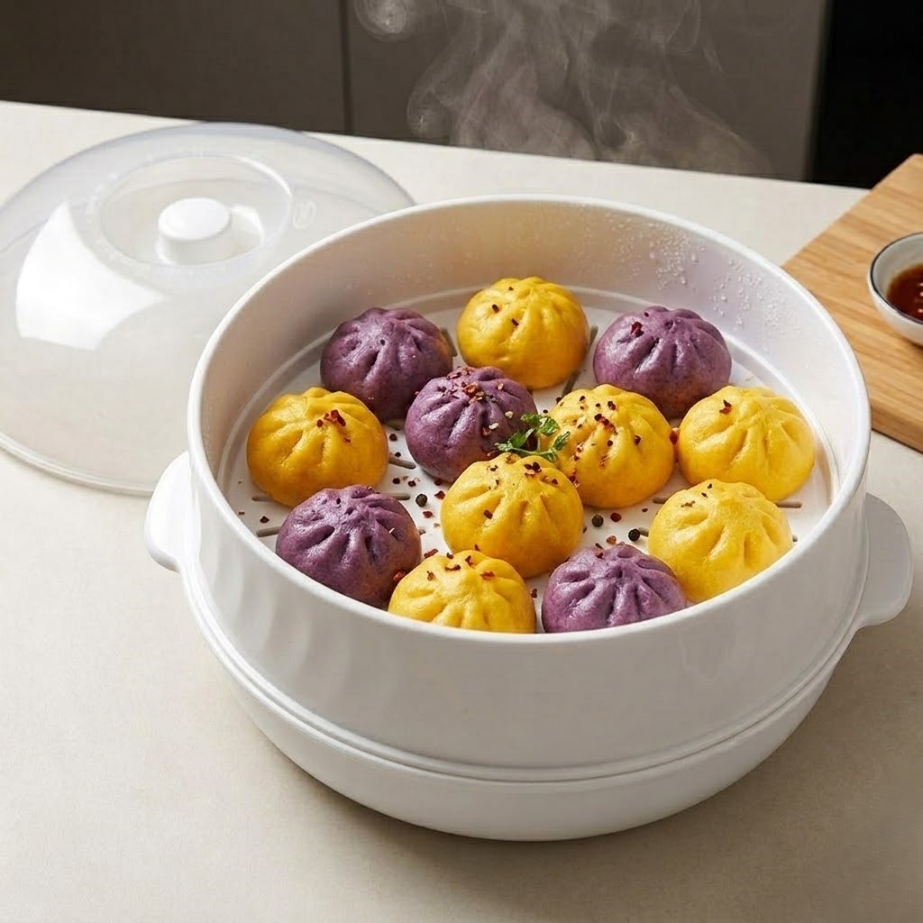 Bộ hấp lò vi sóng đa năng chất liệu nhựa chịu nhiệt an toàn, khay hấp 2 tầng HT SHOP DN600