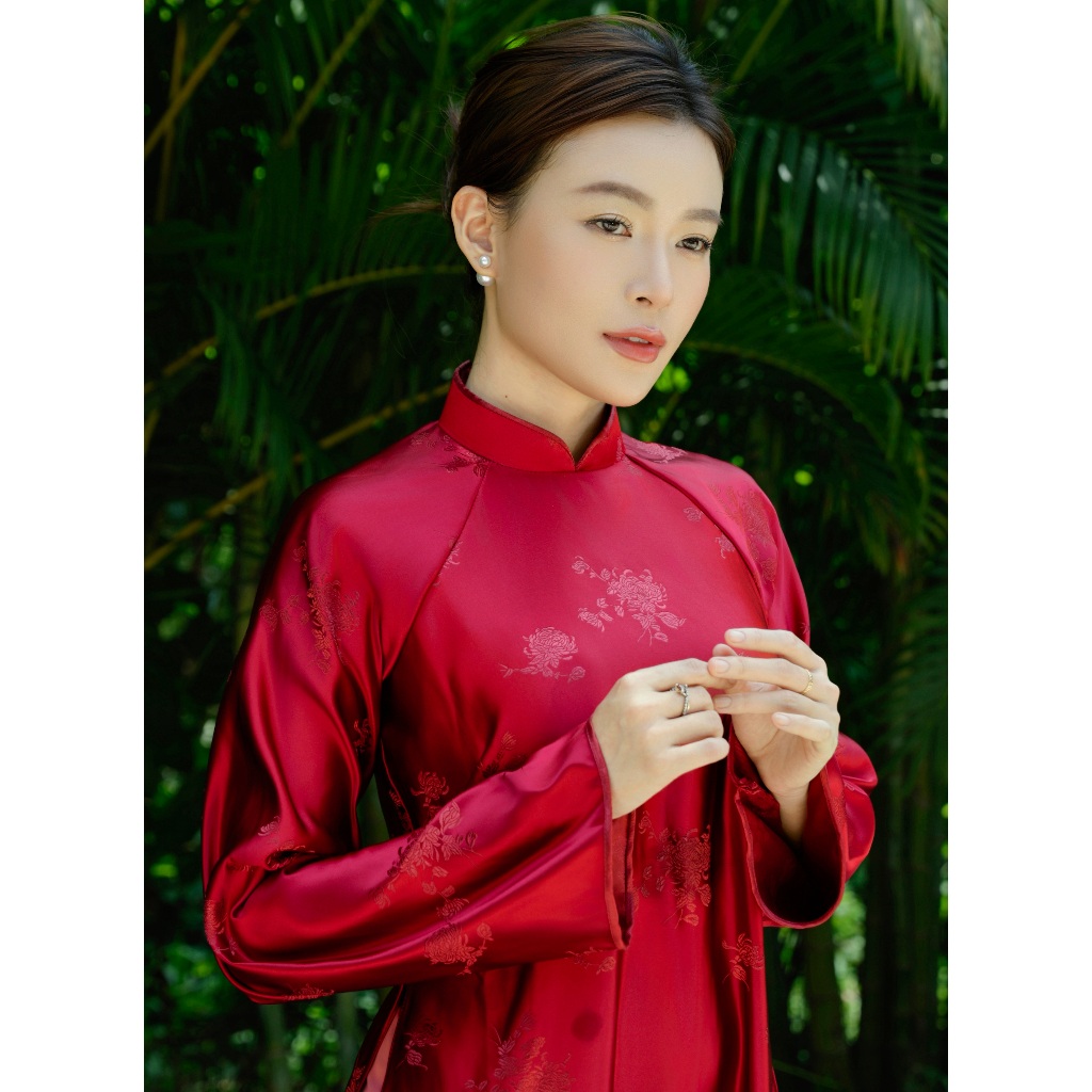 Áo Dài Gấm Lụa Cao Cấp Nora Hoạ Tiết Cúc Đoá Sang Trọng Dáng Suông Tay Rộng Nora Couture