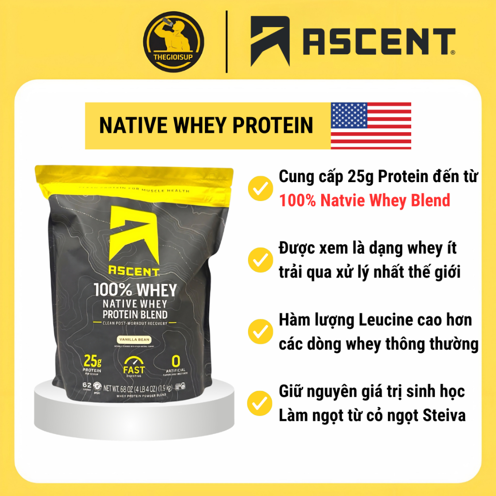 Ascent 100% Whey NATIVE WHEY PROTEIN - Túi 4Lbs (1.9kg)  - 62 lần dùng - Hỗ trợ tăng cơ, giảm mỡ