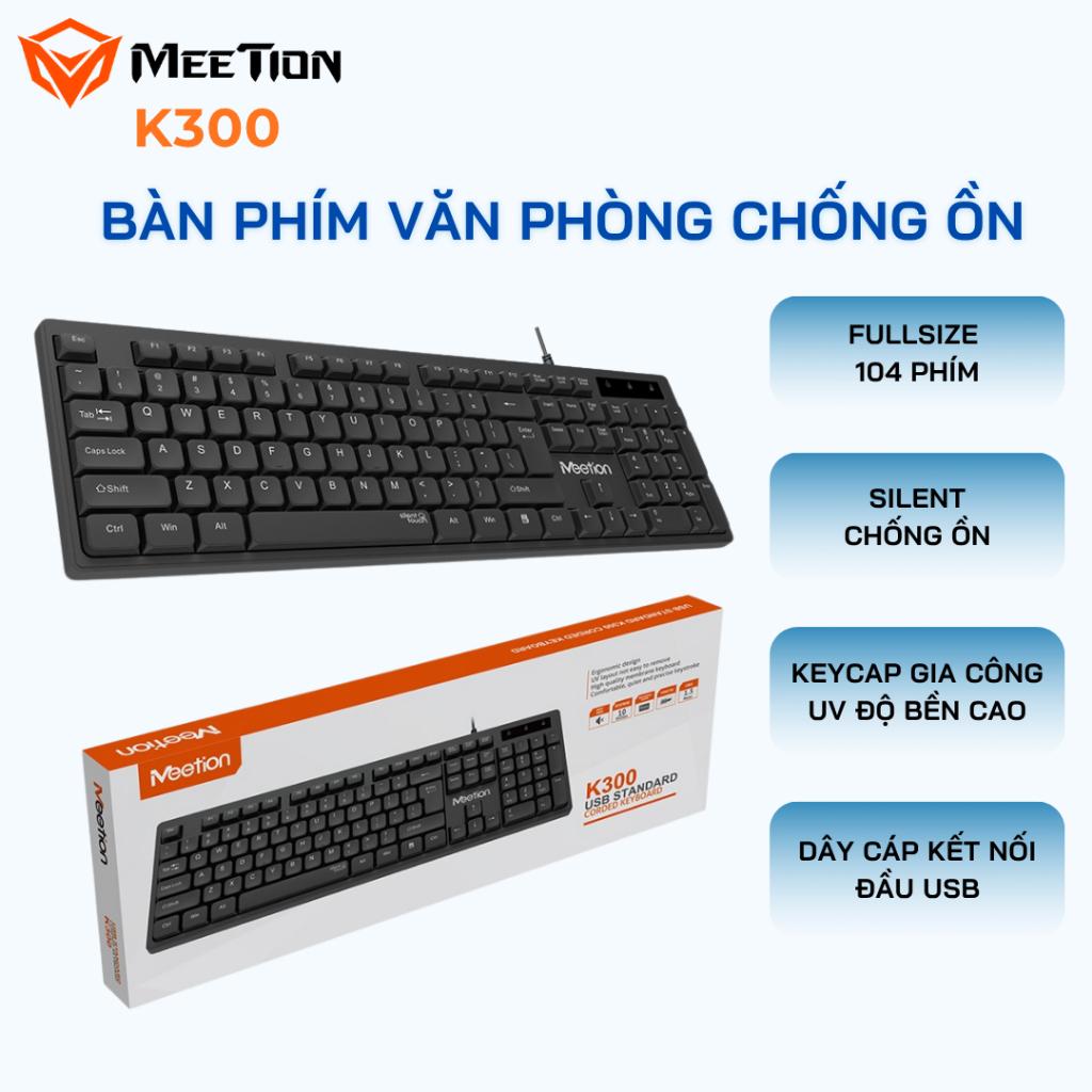 Bàn phím văn phòng chống ồn K300 MeeTion 104 phím thiết kế Ergonomic keycap gia công UV độ bền cao