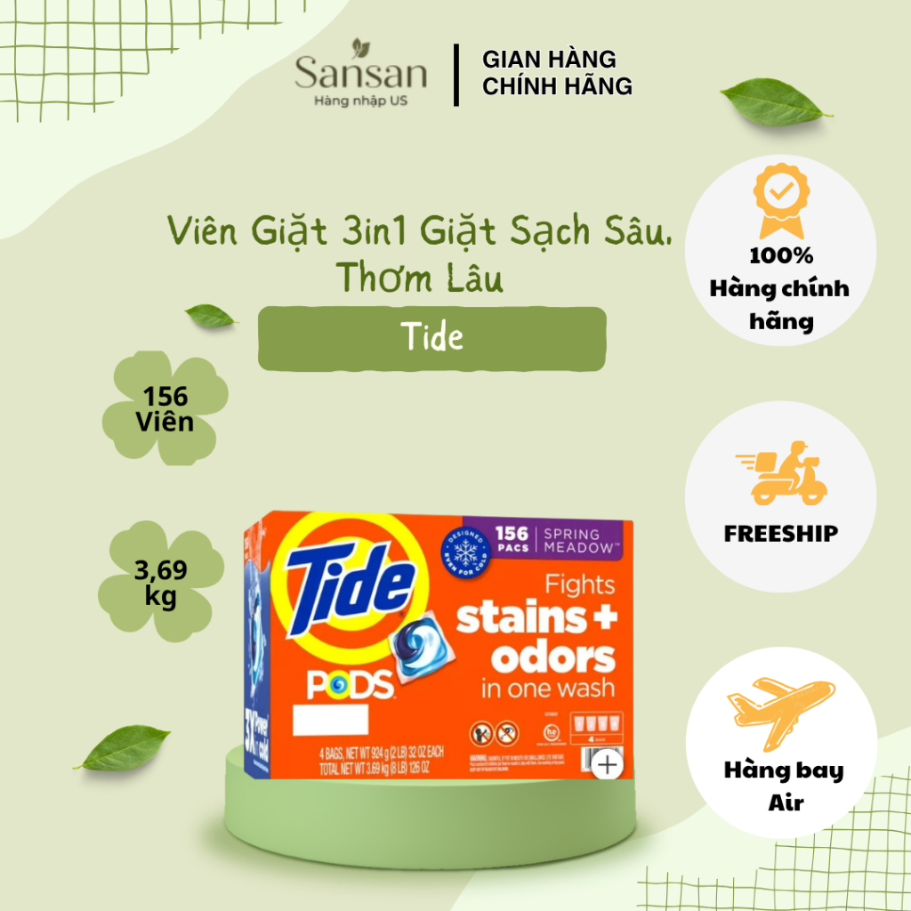 Viên Giặt Tide Pods 3in1 Giặt Sạch Sâu, Thơm Lâu, Dùng Cho Mọi Máy Giặt 156 Viên (4x39) - Nội địa Mỹ
