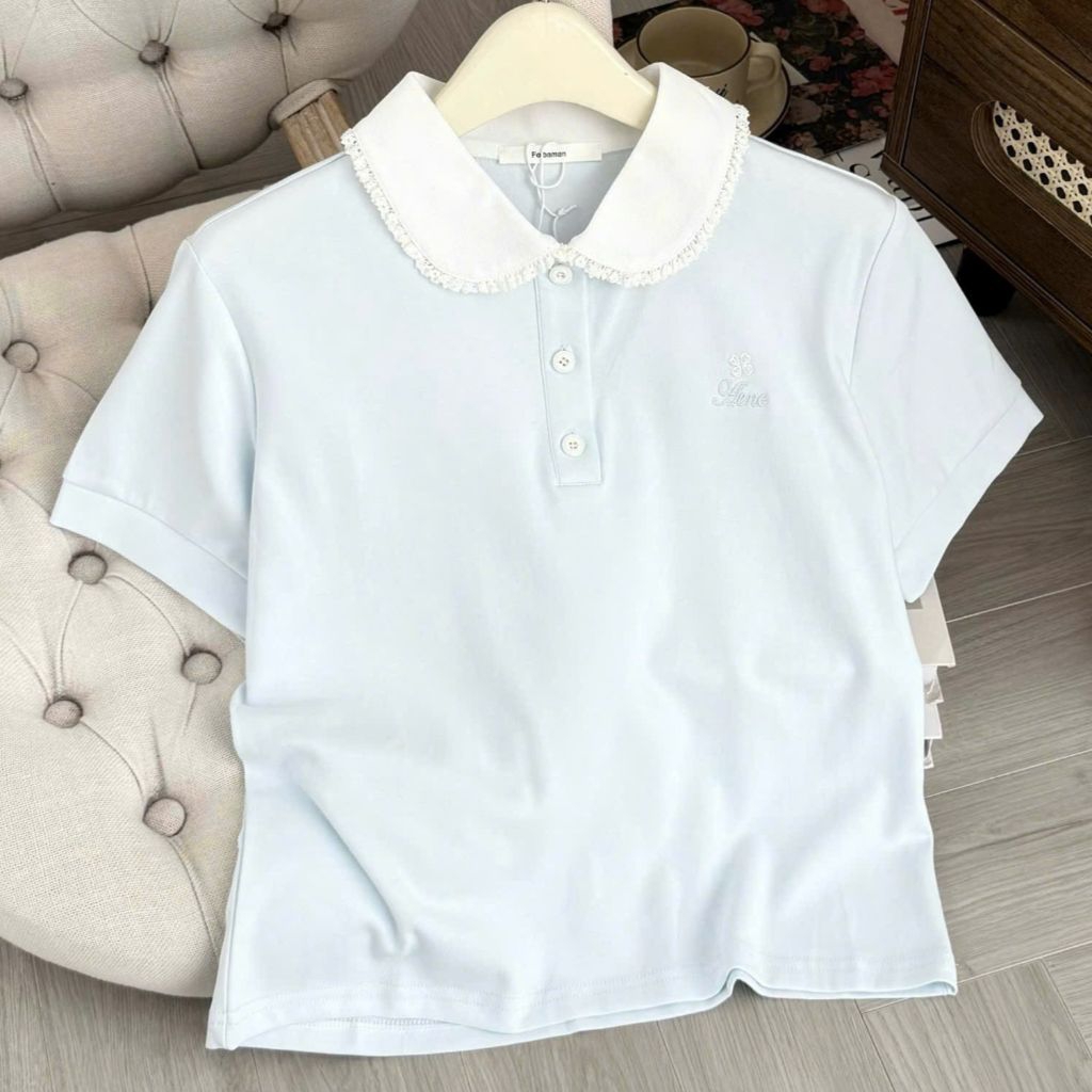 (Hàng QC-Bao Chất)#2195▫️Áo Polo Cổ Sen Pha Màu Viền Ren Cộc Tay Thêu Hình Hoa Chữ Aene Xinh Xỉu Ulz