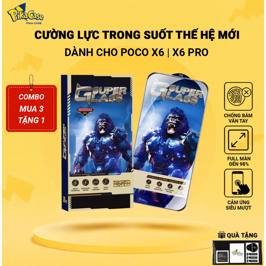 Cường lực Poco X6 Pro, X6 5G Pikacase PREMIUM full màn | Miếng kính dán bảo vệ màn hình cho Xiaomi