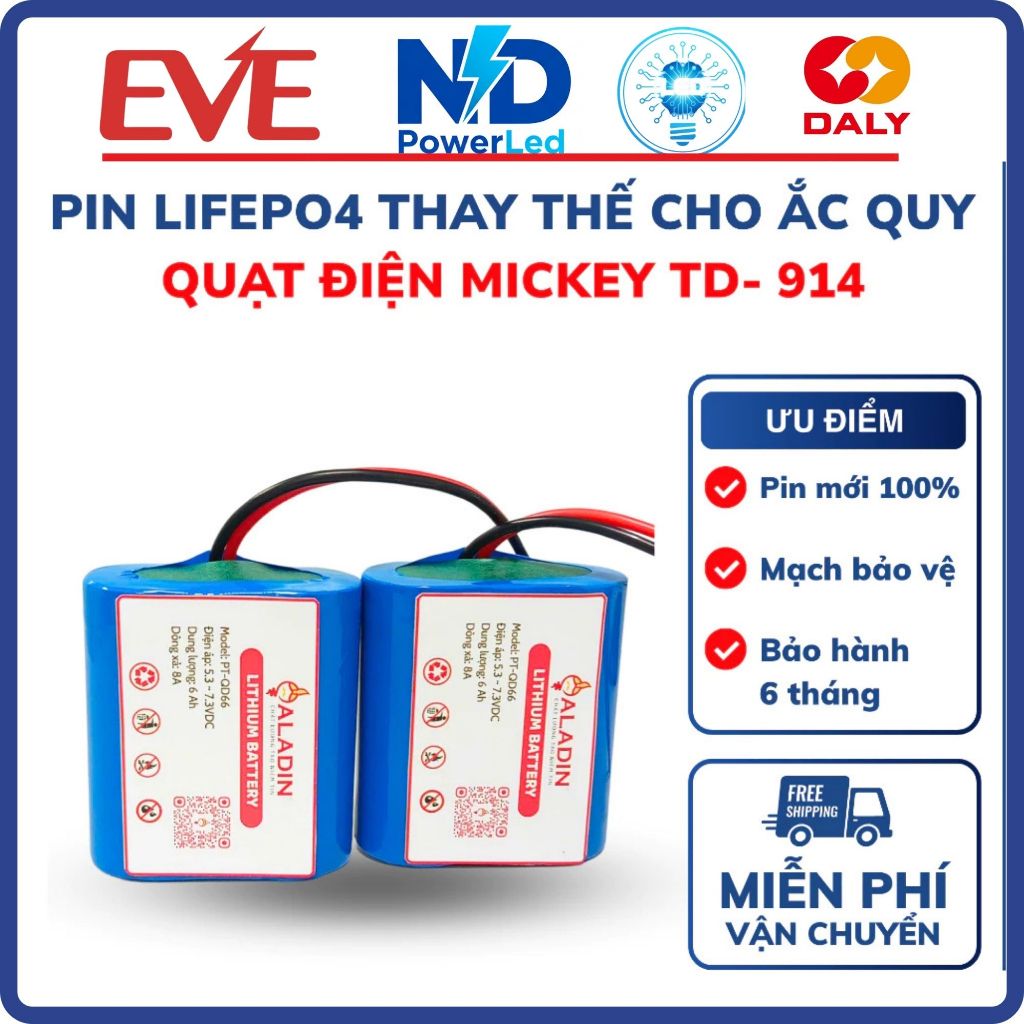 Pin LifePo4 thay thế cho ắc quy quạt tích điện Mickey TD-914 dung lượng 6000mAh dòng xả 8A