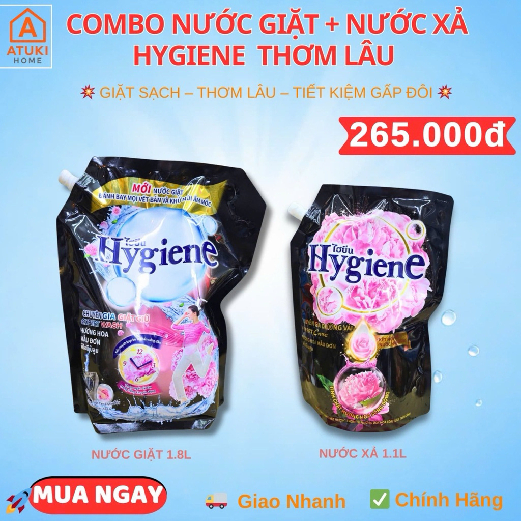 Combo Nước Giặt Hygiene 1.8L + Nước Xả Hygiene 1.1L Thơm Lâu, Giặt Sạch, Dùng Cho Máy Giặt & Giặt Ta
