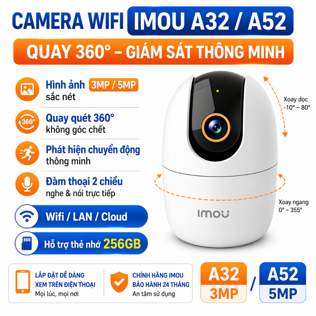 Camera IMOU Ranger 2 A32 A52 – 3MP 5MP – Wifi Quay 360°  Đàm Thoại 2 Chiều Theo Dõi Chuyển Động